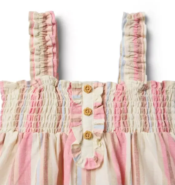 Janie and Jack Dresses-Striped Linen-Cotton Smocked Dress rosy coral stripe