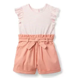Janie and Jack Rompers & Jumpsuits-Striped Paperbag Waist Romper rosy coral stripe