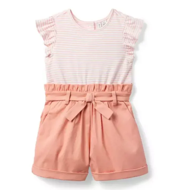 Janie and Jack Rompers & Jumpsuits-Striped Paperbag Waist Romper rosy coral stripe