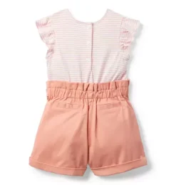 Janie and Jack Rompers & Jumpsuits-Striped Paperbag Waist Romper rosy coral stripe