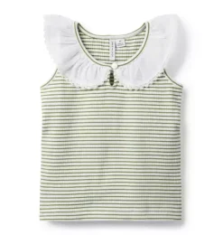 Janie and Jack Sleeveless Tops-Striped Ribbed Collar Top bay laurel green stripe