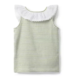 Janie and Jack Sleeveless Tops-Striped Ribbed Collar Top bay laurel green stripe