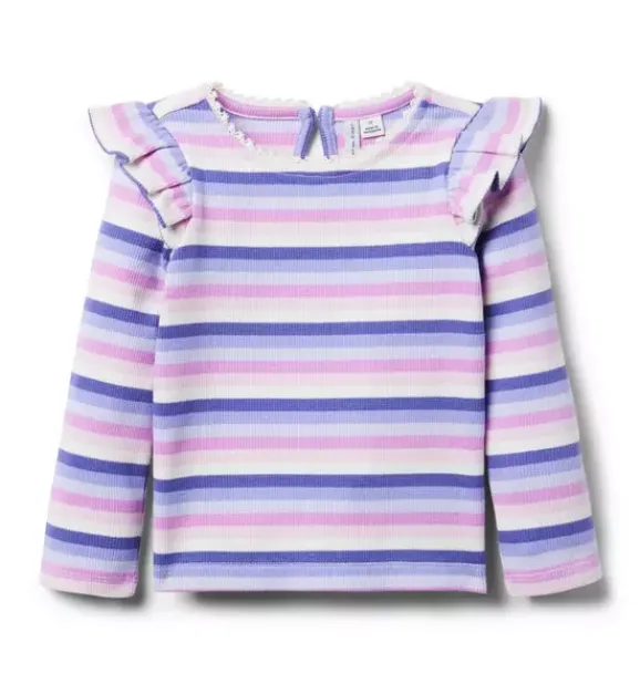Janie and Jack Long Sleeve Tops-Striped Ribbed Ruffle Shoulder Top lilac stripe