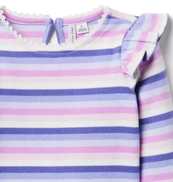 Janie and Jack Long Sleeve Tops-Striped Ribbed Ruffle Shoulder Top lilac stripe