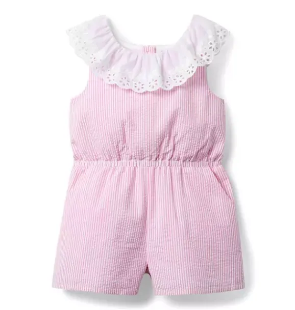 Janie and Jack Rompers & Jumpsuits-Striped Seersucker Eyelet Collar Romper dahlia pink stripe
