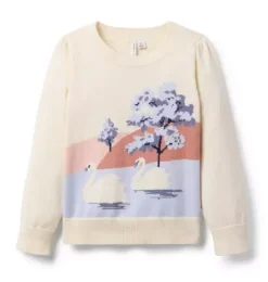 Janie and Jack Sweaters & Sweatshirts-Swan Puff Sleeve Sweater nutmeg cream swan