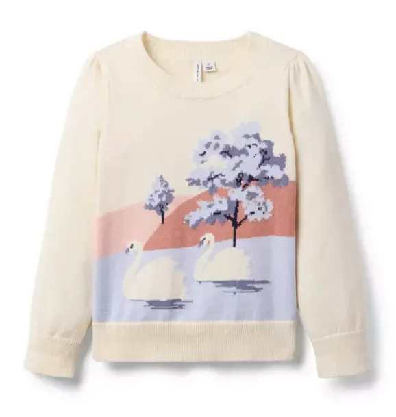 Janie and Jack Sweaters & Sweatshirts-Swan Puff Sleeve Sweater nutmeg cream swan