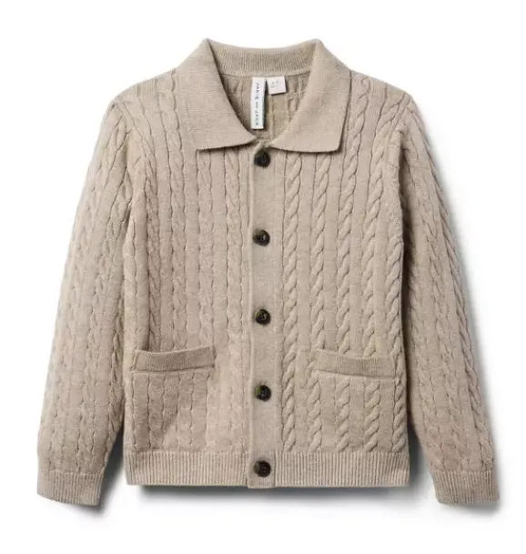 Janie and Jack Sweaters & Sweatshirts-The Cable Knit Polo Cardigan sandy beige heather