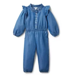 Janie and Jack Rompers & Jumpsuits-The Chambray Ruffle Jumpsuit hazel medium wash