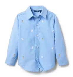 Janie and Jack Suiting|Shirts-The Embroidered Bunny Oxford Shirt ocean air heather