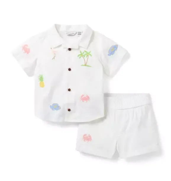 Janie and Jack Sets-The Embroidered Cabana Matching Baby Set white tropical icon