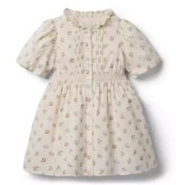 Janie and Jack Dresses-The Flower Pintuck Dress seashell ecru floral