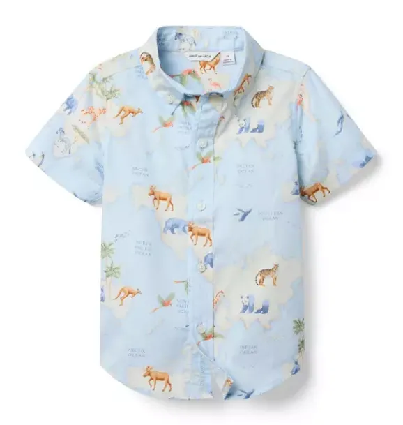 Janie and Jack Shirts|Swim Outfits-The Poplin Shirt ice blue animal map