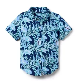 Janie and Jack Family Matching|Swim Outfits-The Poplin Shirt dark blue fish