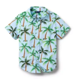 Janie and Jack Swim Outfits|Matching Sets-The Poplin Shirt light blue palm tree