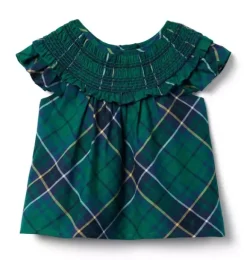 Janie and Jack Short Sleeve Tops-The Tartan Smocked Ruffle Top river green tartan