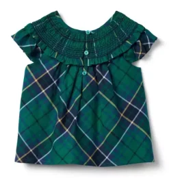 Janie and Jack Short Sleeve Tops-The Tartan Smocked Ruffle Top river green tartan