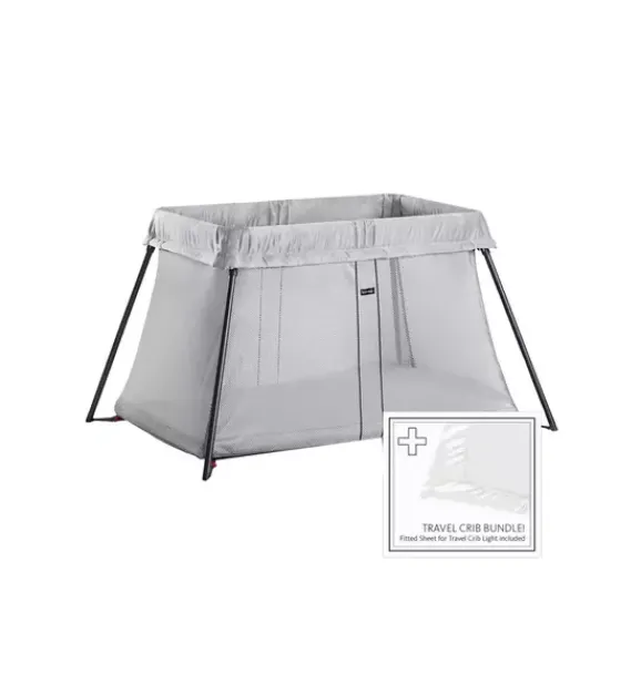 Janie and Jack Health And Safety-Travel Crib Light & Fitted Sheet Bundle Pack silver