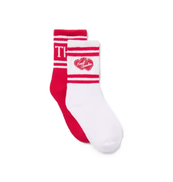 Janie and Jack Socks-Valentine Striped Crew Sock 2-Pack white and bright ruby