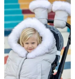 Janie and Jack Strollers-Warmmuffs - Tundra Plush heather beige - white faux fur