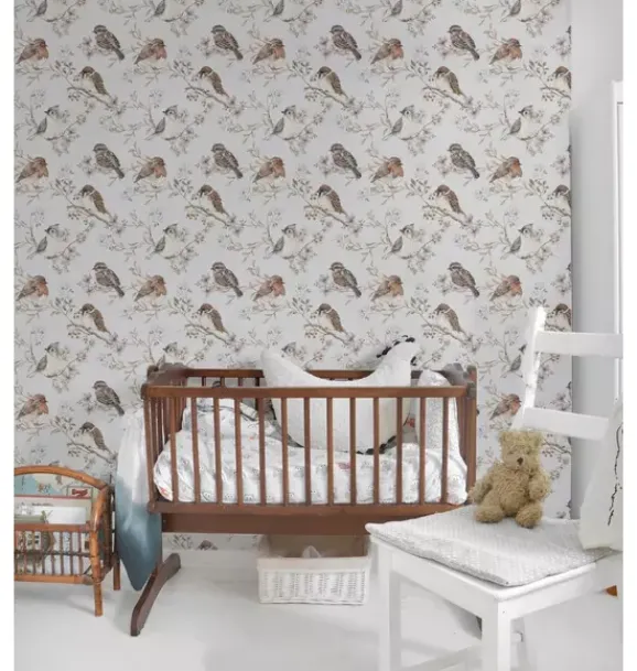 Janie and Jack Wallpaper-White/Gray Birds Wallpaper multi